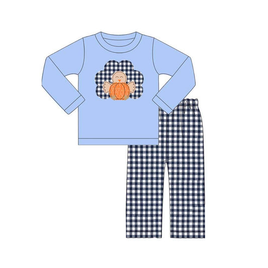 (Pre-order)BLP0510 Turkey Pumpkin Print Plaid Pants Boys Thanksgiving Clothes Set