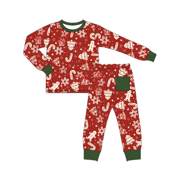 (Pre-order)BLP0522 Red Gingersnap Print Boys Christmas Pajamas Clothes Set