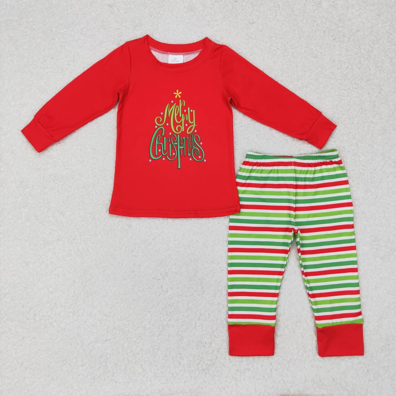 BLP0528 Merry Christmas Red Top Green Red Stripes Pants Boys Pajamas Clothes Set