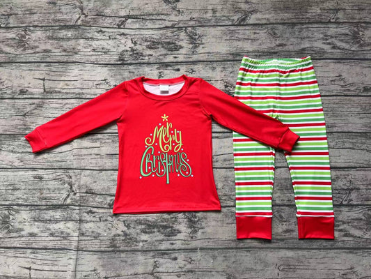 (Pre-order)BLP0528 Merry Christmas Red Top Green Red Stripes Pants Boys Pajamas Clothes Set