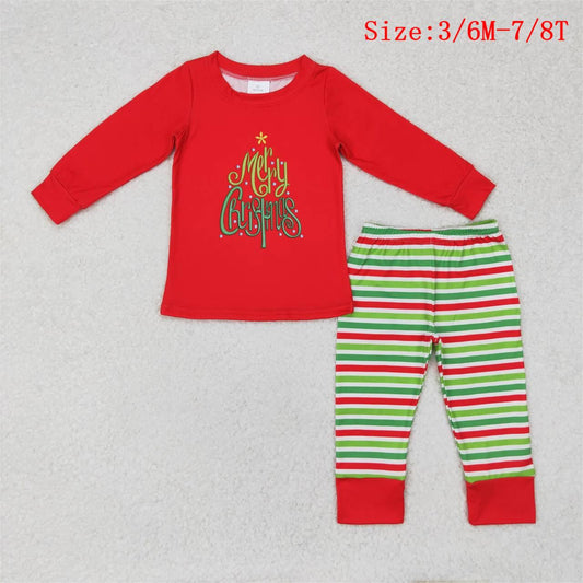 BLP0528 Merry Christmas Red Top Green Red Stripes Pants Boys Pajamas Clothes Set