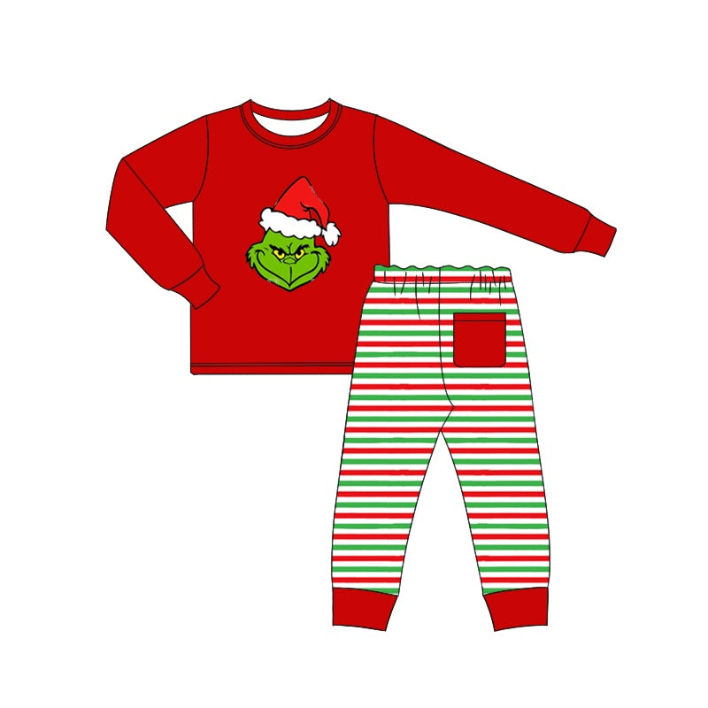 (Pre-order)BLP0532 Green Frog Red Top Stripes Pants Boys Christmas Pajamas Clothes Set