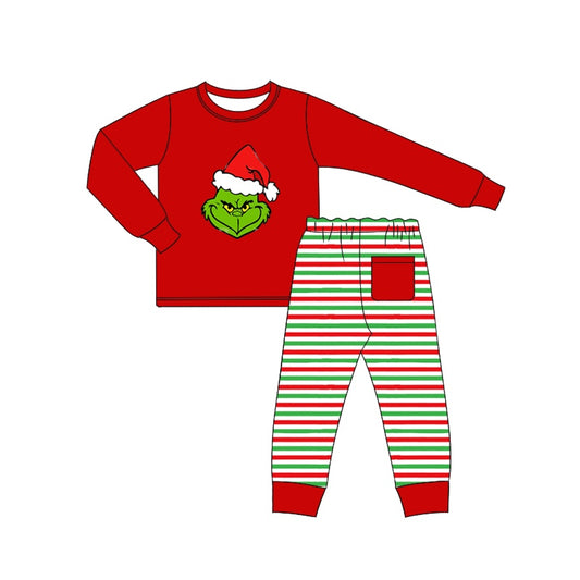 (Pre-order)BLP0532 Green Frog Red Top Stripes Pants Boys Christmas Pajamas Clothes Set