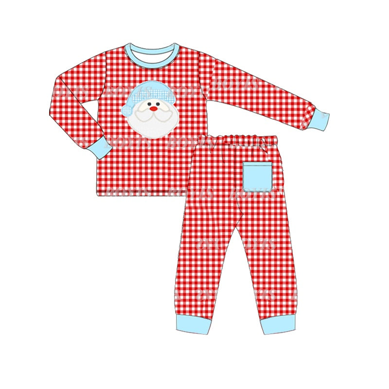 (Pre-order)BLP0533 Santa Red Plaid Print Boys Christmas Pajamas Clothes Set