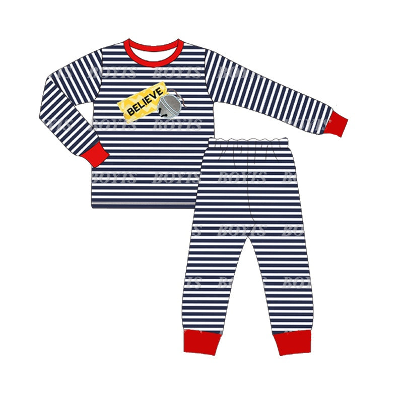 (Pre-order)BLP0535 Befieve Navy Stripes Print Boys Christmas Pajamas Clothes Set