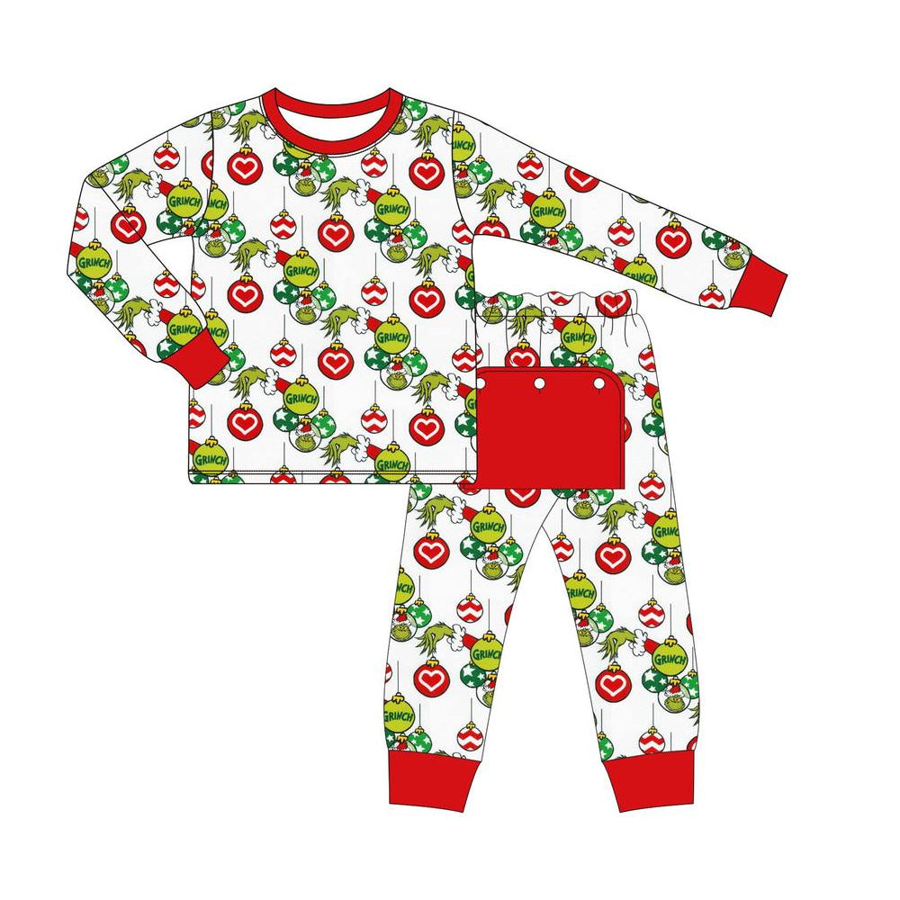 (Pre-order)BLP0537 Green Frog Lights Print Boys Christmas Pajamas Clothes Set