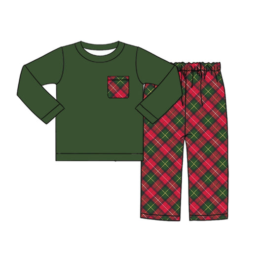 (Pre-order)BLP0538 Green Pocket Top Green Red Plaid Pants Boys Christmas Clothes Set