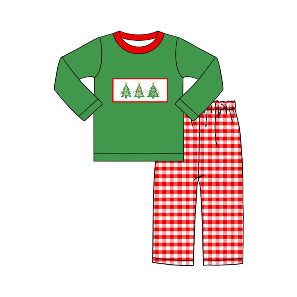 (Pre-order)BLP0539 Christmas Tree Green Top Plaid Pants Boys Christmas Clothes Set