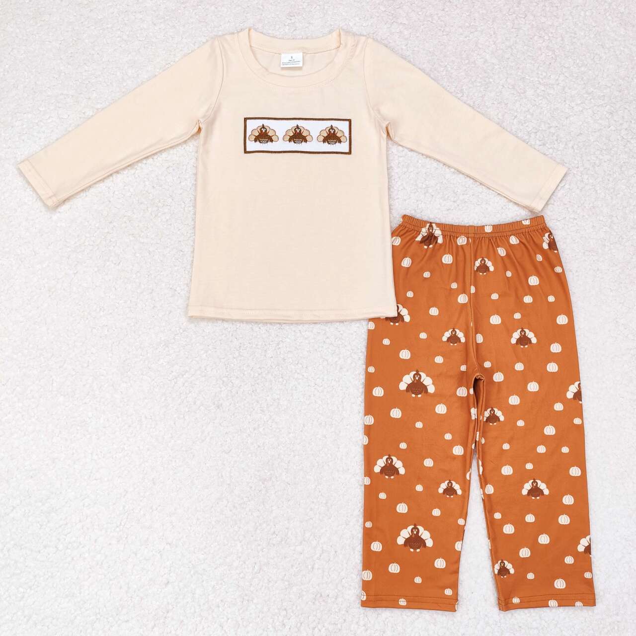 BLP0542 Turkey Embroidery Top Brown Pumpkin Pants Boys Thanksgiving Clothes Set