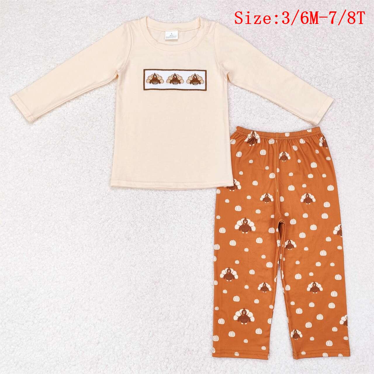 BLP0542 Turkey Embroidery Top Brown Pumpkin Pants Boys Thanksgiving Clothes Set