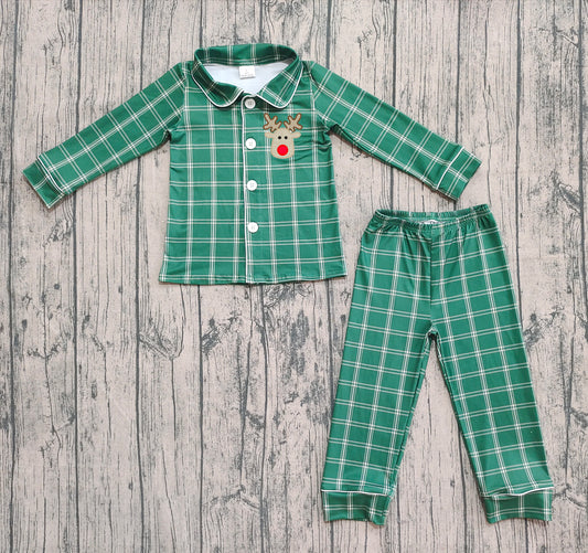 (Pre-order)BLP0545 Deer Green Plaid Print Boys Christmas Buttons Pajamas Clothes Set