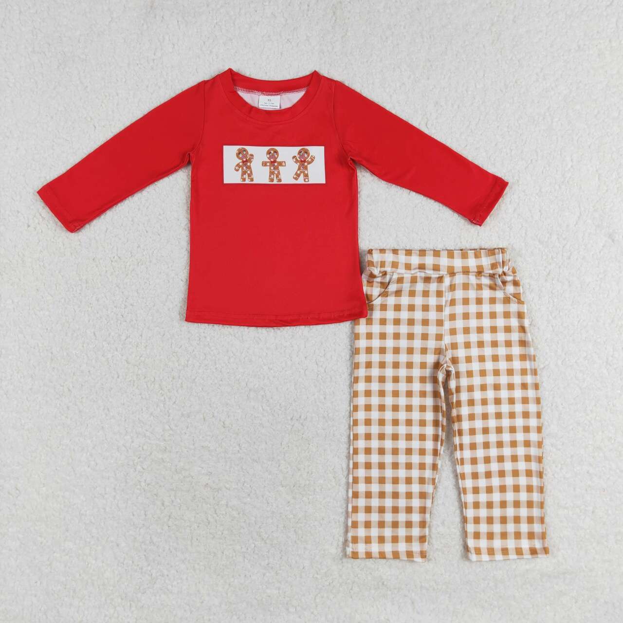 BLP0552 Gingerbread Red Top Plaid Pants Boys Christmas Clothes Set