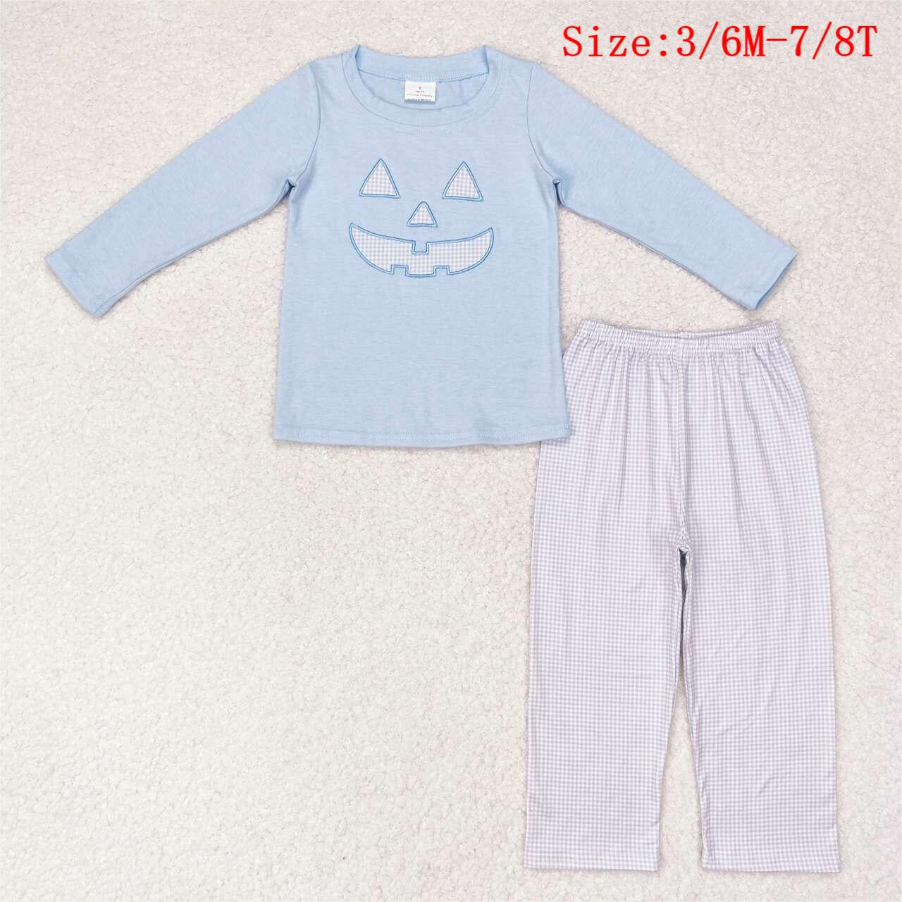 BLP0562 Halloween Ghost Face Embroidery Top Plaid Pants Boys Halloween Clothes Set