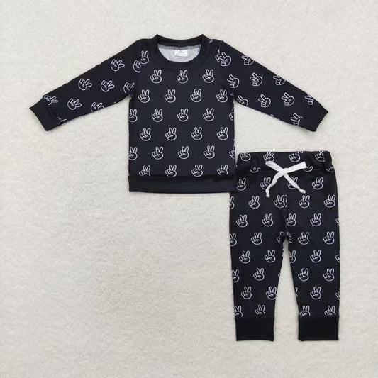 BLP0566 Yeah Gesture Black Print Boys Fall Pajamas Clothes Set