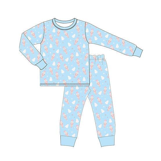 (Pre-order)BLP0571 Cartoon Nutcracker Soldier Blue Print Boys Christmas Pajamas Clothes Set