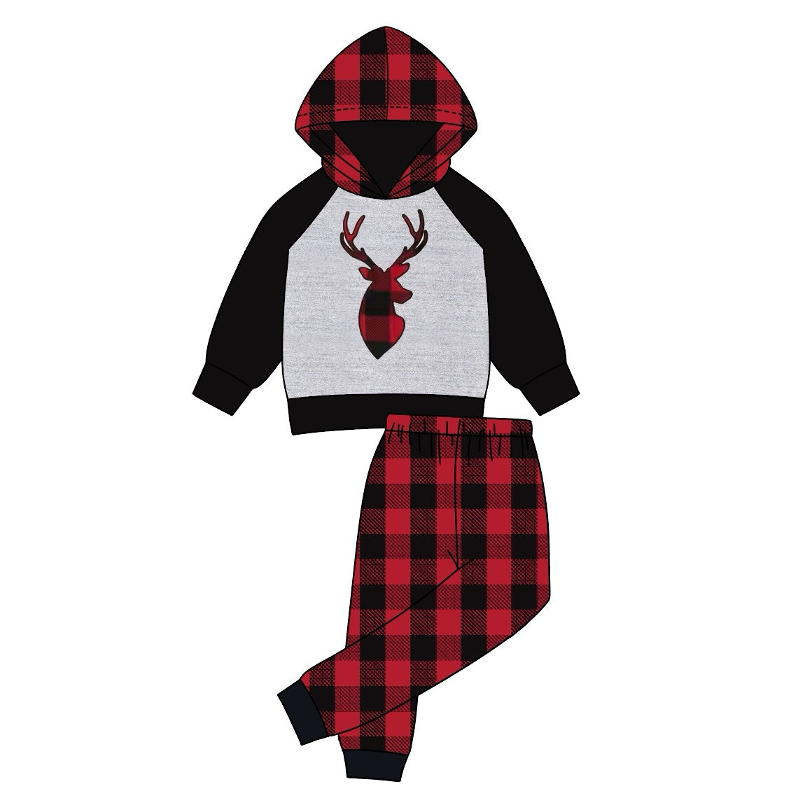 (Pre-order)BLP0579 Deer Plaid Print Boys Christmas Hoodie Clothes Set