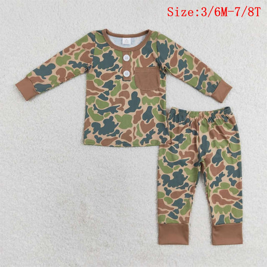 BLP0580 Green Brown Camo Print Boys Fall Bamboo Pajamas Clothes Set