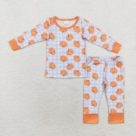 BLP0584 Pumpkin Plaid Print Boys Fall Bamboo Pajamas Clothes Set