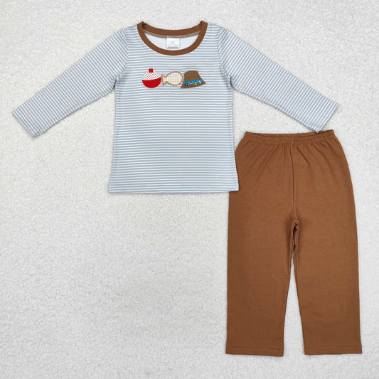 BLP0590 Fishing Hat Embroidery Top Brown Pants Boys Fall Clothes Set