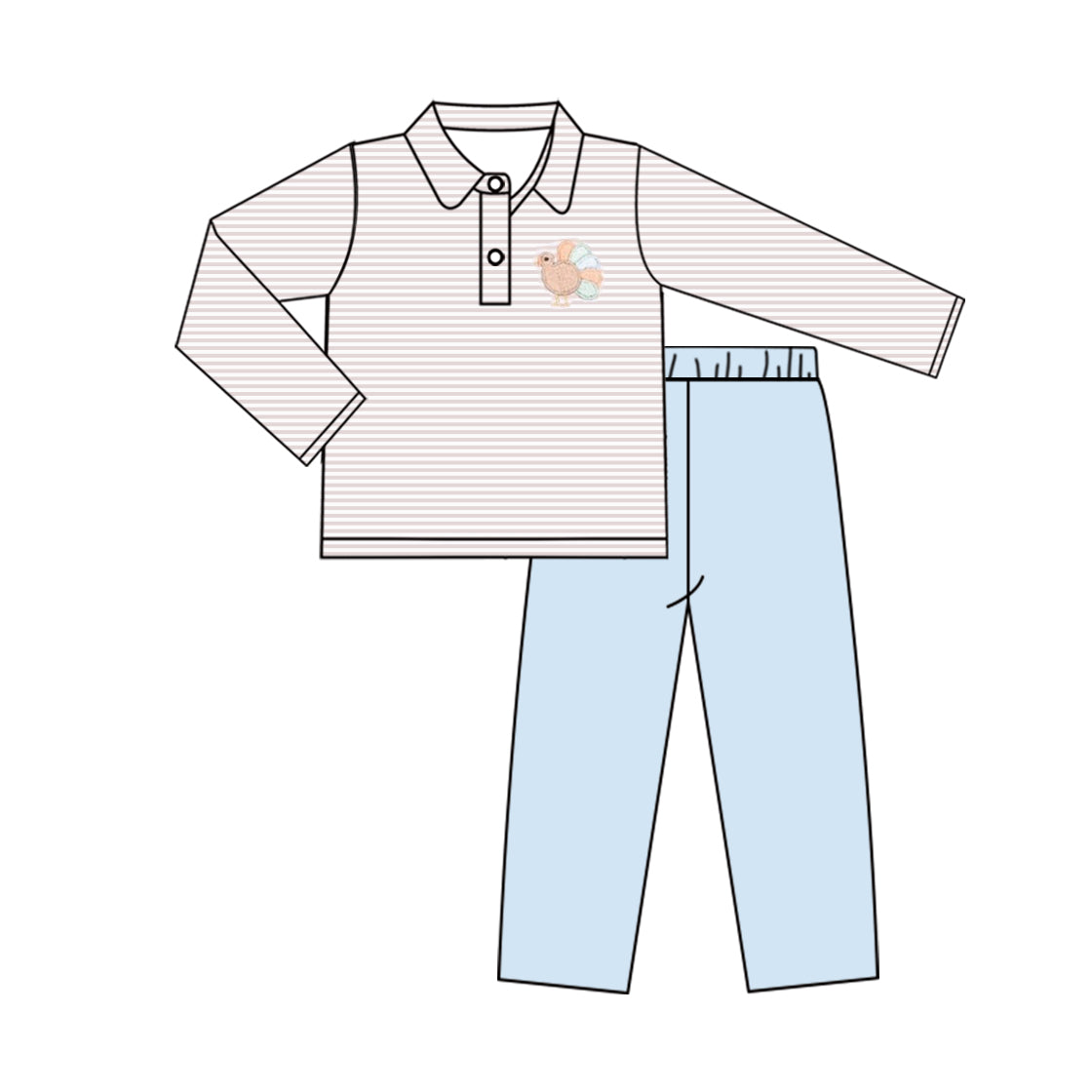 (Pre-order)BLP0593 Turkey Stripes Polo Top Blue Pants Boys Thanksgiving Clothes Set