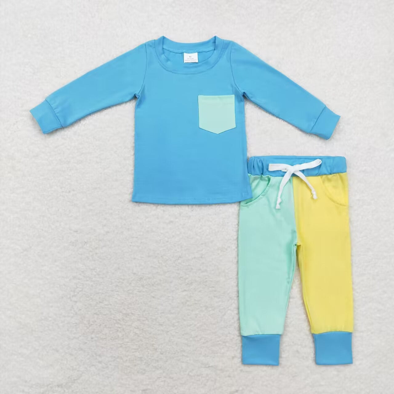 BLP0596 Blue Pocket Top Green Yellow Pants Boys Fall Clothes Set