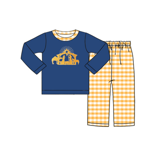 (Pre-order)BLP0601 Nativity Top Plaid Pants Boys Christmas Clothes Set