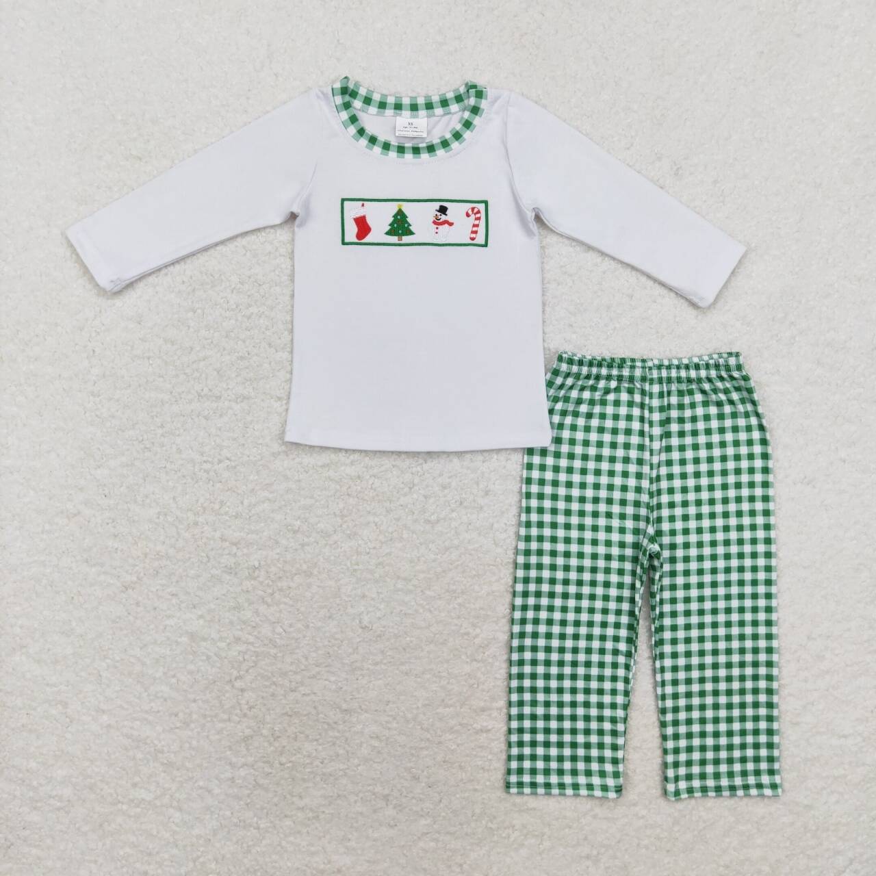 BLP0603 Snowman Embroidery White Top Plaid Pants Boys Christmas Clothes Set