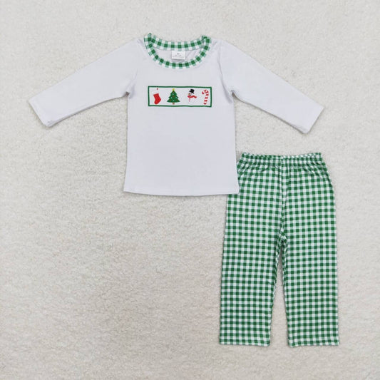 BLP0603 Snowman Embroidery White Top Plaid Pants Boys Christmas Clothes Set