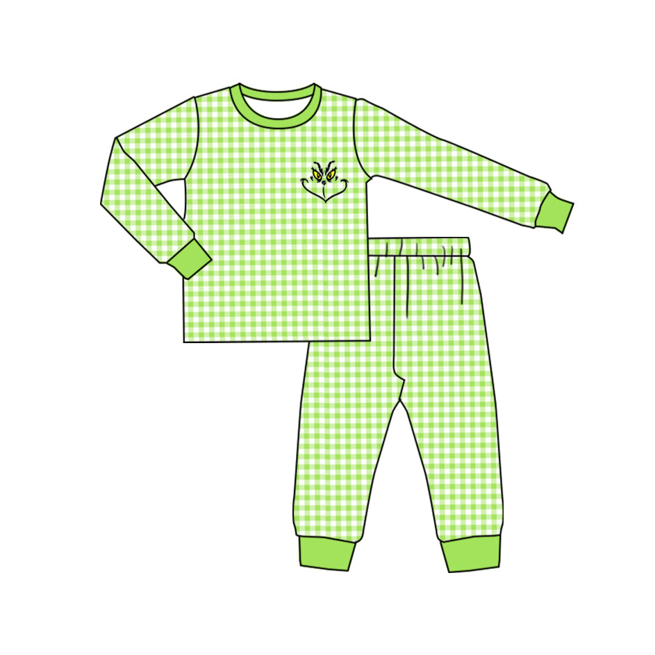 (Pre-order)BLP0606 Frog Face Green Plaid Print Boys Christmas Pajamas Clothes Set