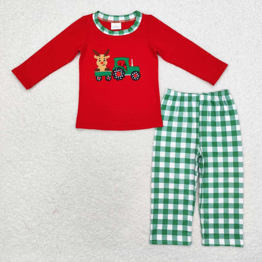 BLP0611 Tractors Deer Embroidery Top Plaid Pants Boys Christmas Clothes Set