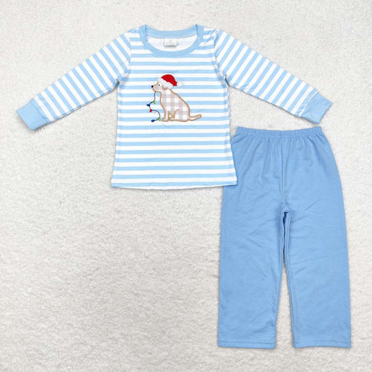 BLP0864 Dog Lights Stripes Top Blue Pants Boys Christmas Clothes Set