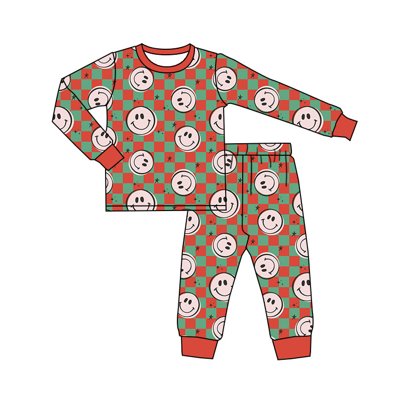 (Pre-order)BLP0613 Smiling Face Green Red Plaid Print Boys Christmas Pajamas Clothes Set