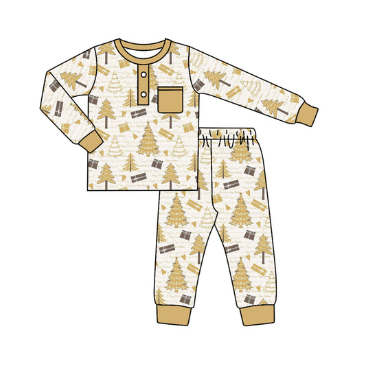 (Pre-order)BLP0614 Gold Christmas Tree Print Pocket Boys Pajamas Clothes Set