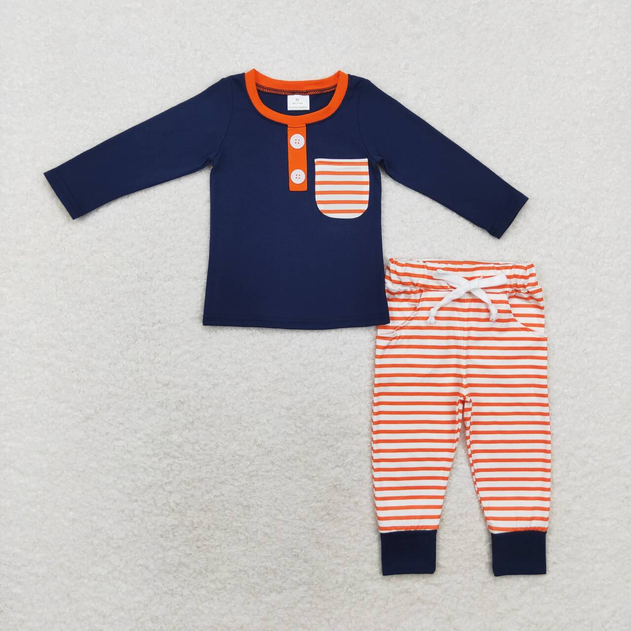 BLP0627 Navy Color Pocket Polo Top Stripes Pants Boys Fall Clothes Set