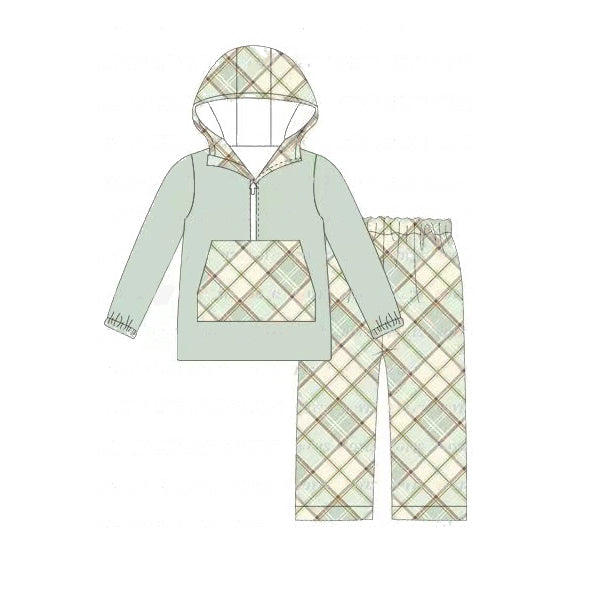 (Pre-order)BLP0629 Green Plaid Print Boys Fall Hoodie Clothes Set