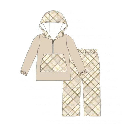 (Pre-order)BLP0630 Khaki Plaid Print Boys Fall Hoodie Clothes Set