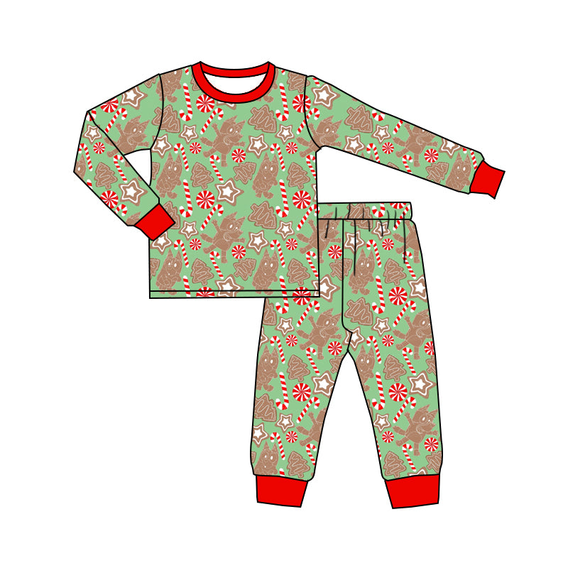 (Pre-order)BLP0635 Cartoon Dog Candy Cane Print Boys Christmas Pajamas Clothes Set