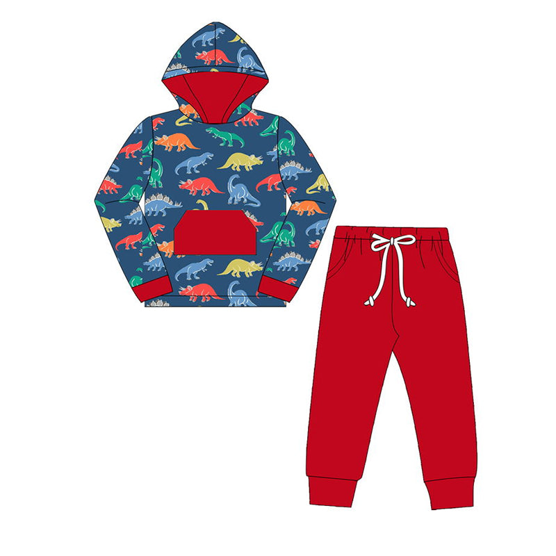 (Pre-order)BLP0637 Dino Hoodie Top Red Pants Boys Fall Clothes Set