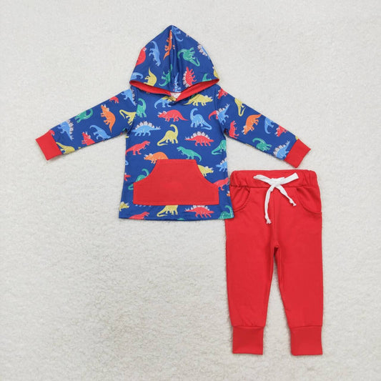 BLP0637 Dino Hoodie Top Red Pants Boys Fall Clothes Set