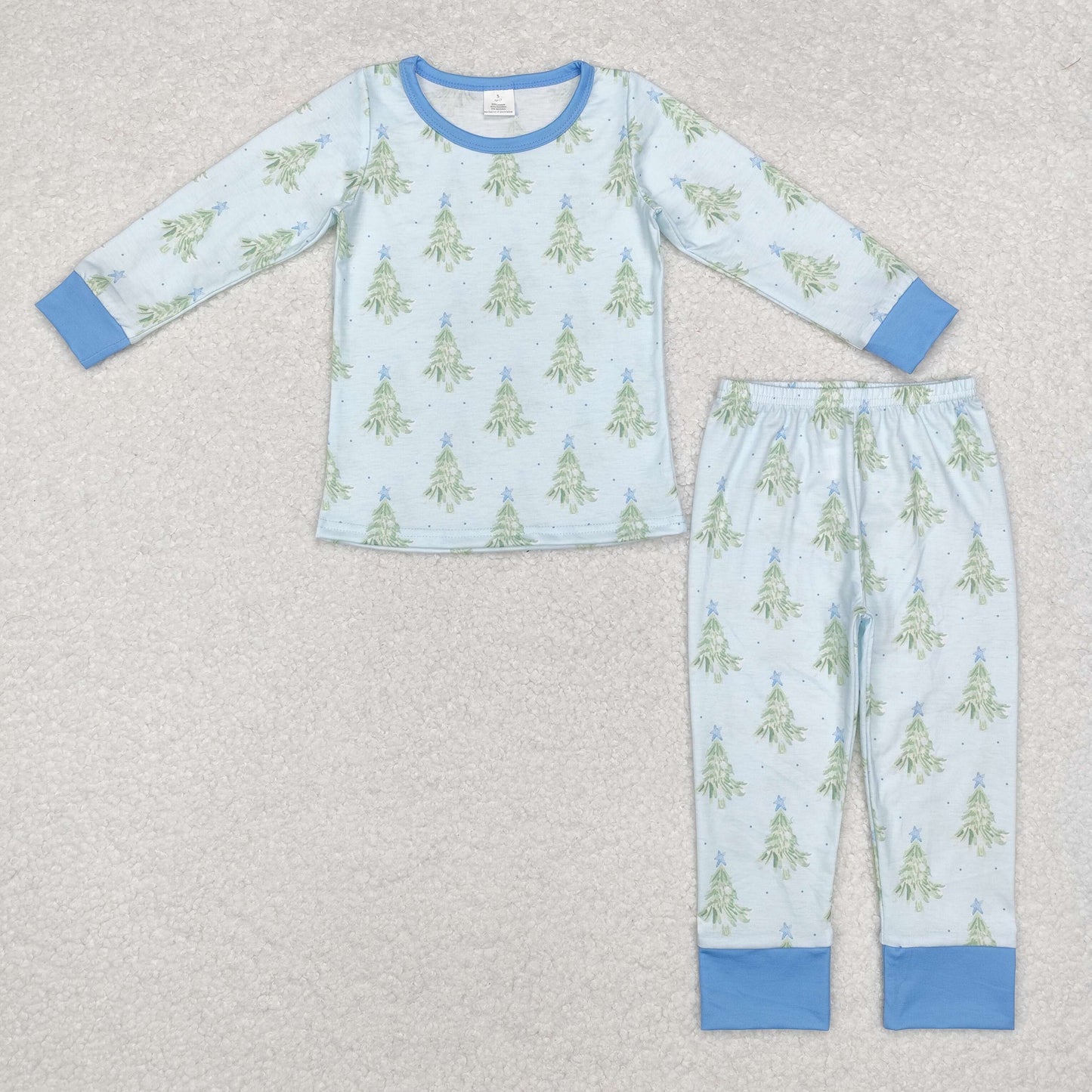 BLP0639 Tree Blue Print Boys Christmas Bamboo Pajamas Clothes Set