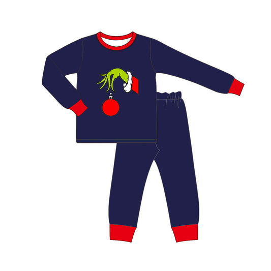 (Pre-order)BLP0640 Green Frog Hand Lights Navy Print Boys Christmas Pajamas Clothes Set