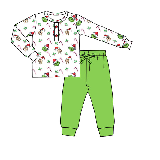 (Pre-order)BLP0646 Green Frog Face Holly Top Green Pants Boys Christmas Clothes Set