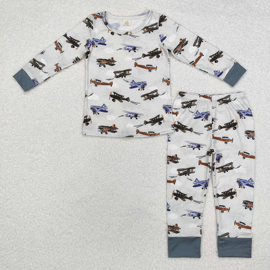 BLP0647 Plane Print Boys Fall Bamboo Pajamas Clothes Set