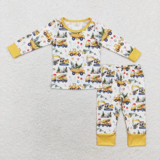 BLP0649 Construction Truck Print Boys Christmas Bamboo Pajamas Clothes Set