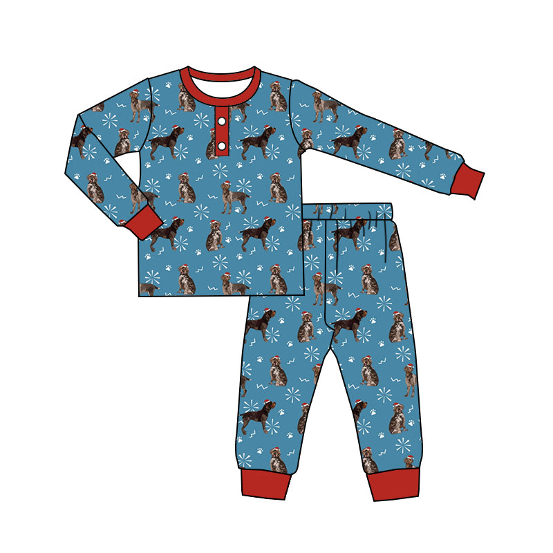 (Pre-order)BLP0652 Dog Blue Print Boys Christmas Pajamas Clothes Set