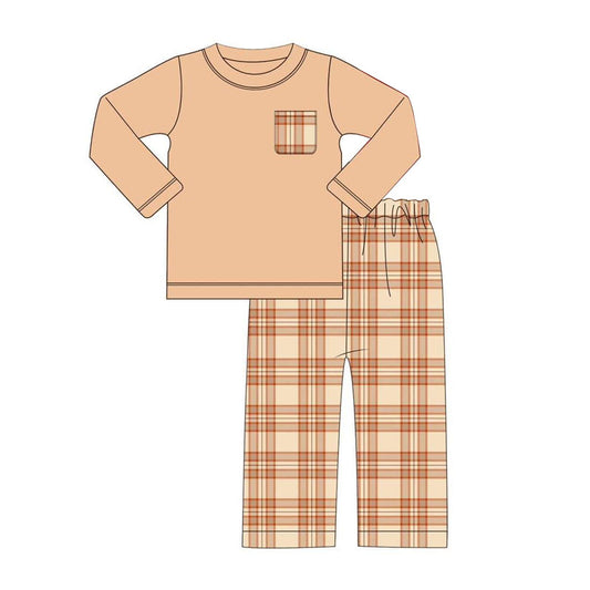 (Pre-order)BLP0658 Khaki Pocket Top Plaid Pants Boys Fall Clothes Set