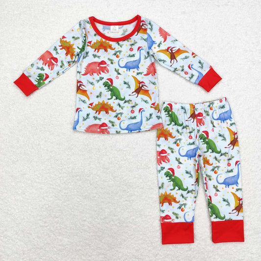 BLP0664 Dino Print Boys Bamboo Christmas Pajamas Clothes Set