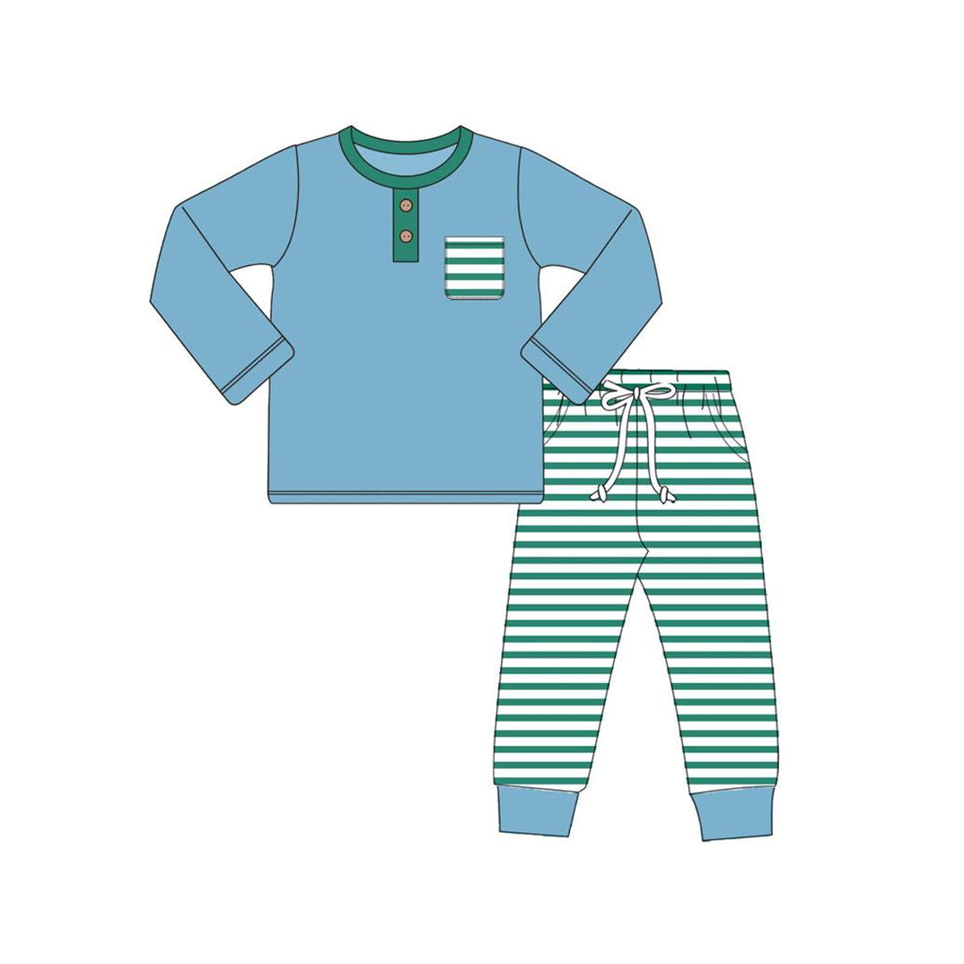 (Pre-order)BLP0666 Blue Pocket Top Green Stripes Pants Boys Fall Clothes Set