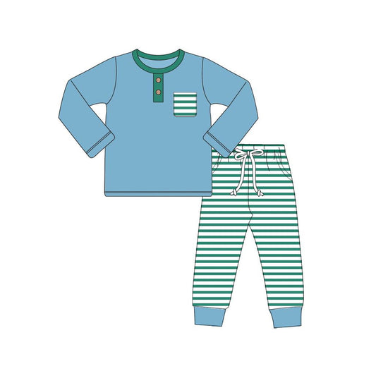 (Pre-order)BLP0666 Blue Pocket Top Green Stripes Pants Boys Fall Clothes Set