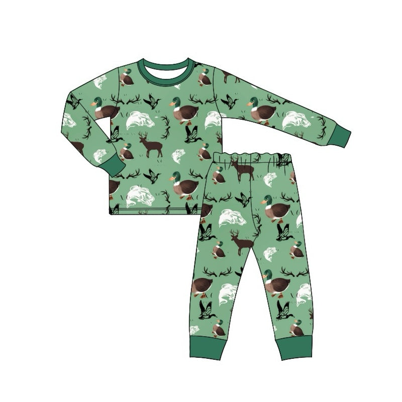 (Pre-order)BLP0668 Duck Deer Fish Hunting Print Boys Fall Pajamas Clothes Set